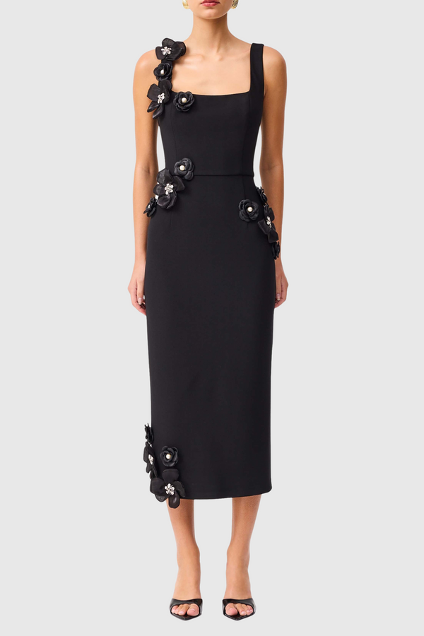 Kaprisha Floral Appliqué Embellished Midi Dress - Black
