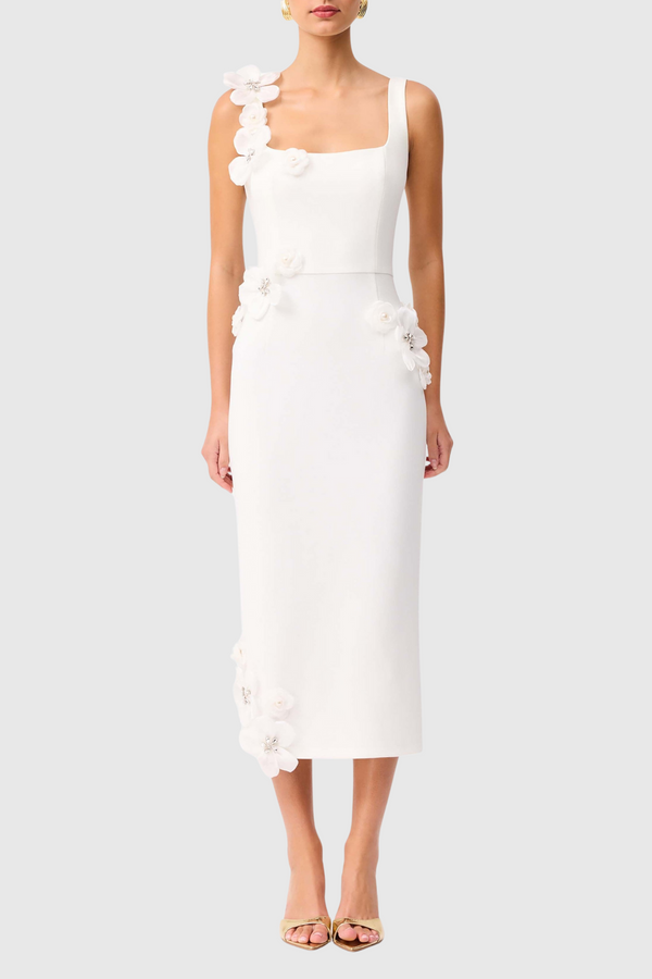 Kaprisha Floral Appliqué Embellished Midi Dress - White