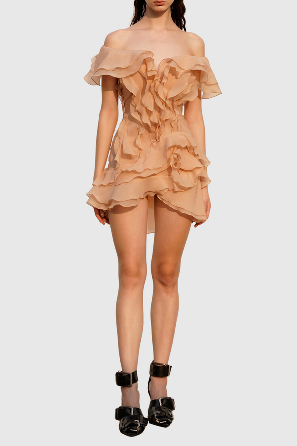 Kellan Off Shoulder Ruffle Mini Dress - Brown