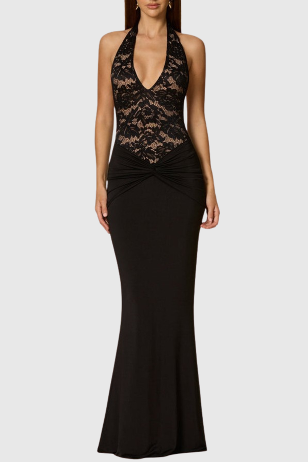 Kinslea Halter Lace Twisted Maxi Dress - Black