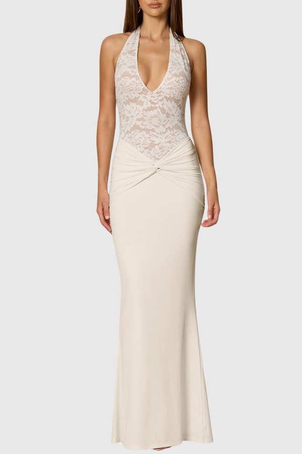 Kinslea Halter Lace Twisted Maxi Dress - White