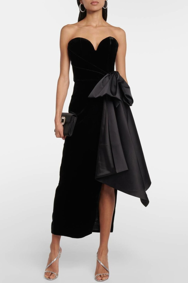 Kionna Velvet Bow-detail Split Midi Dress