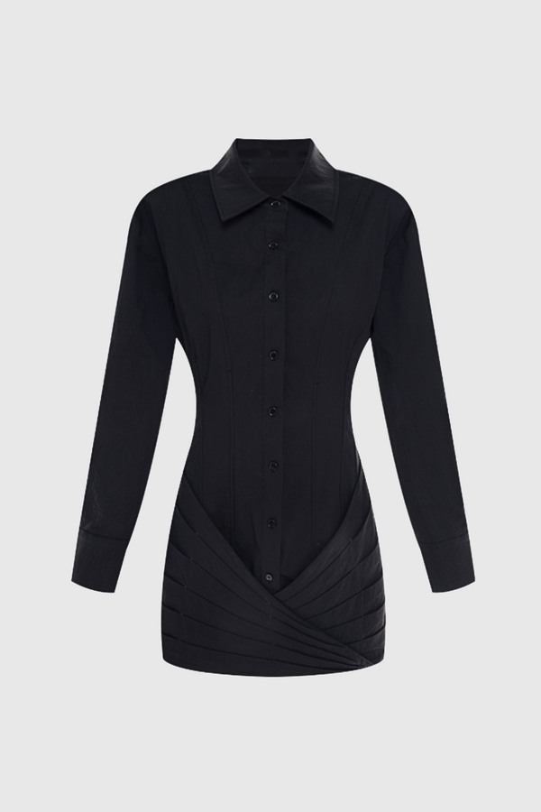 Kretska Cinched-waist Pleated Mini Shirt Dress -Black