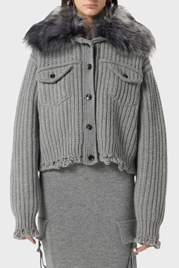 Ladra Faux Fur Collar Cardigan - Grey