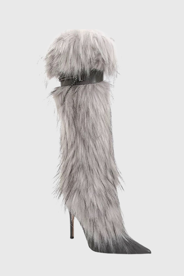 Lamia Faux Fur Knee High Boots - Grey