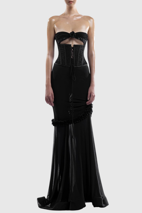 Laythan Mesh Cutout Corset Maxi Dress - Black