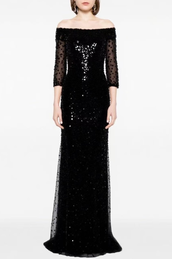 Liesel Off Shoulder Sequin Embellished Maxi Dress - Black