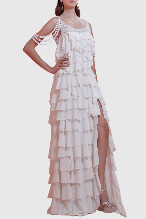 Lillie Spaghetti Floral Ruffle Maxi Dress - White  Tagged "White"  Page  22  SeenSense