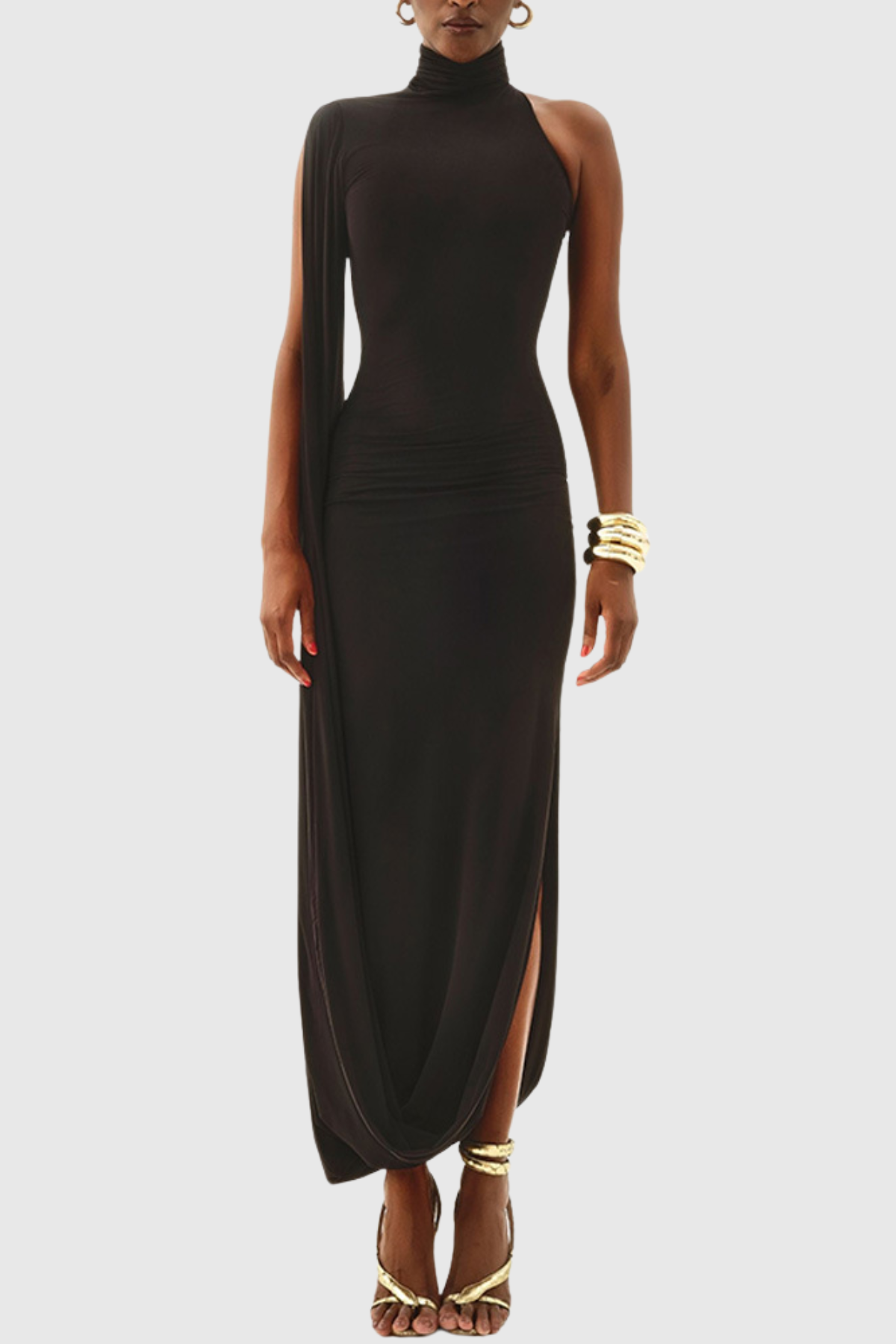 Lokio One Shoulder Asymmetric Draped Midi Dress