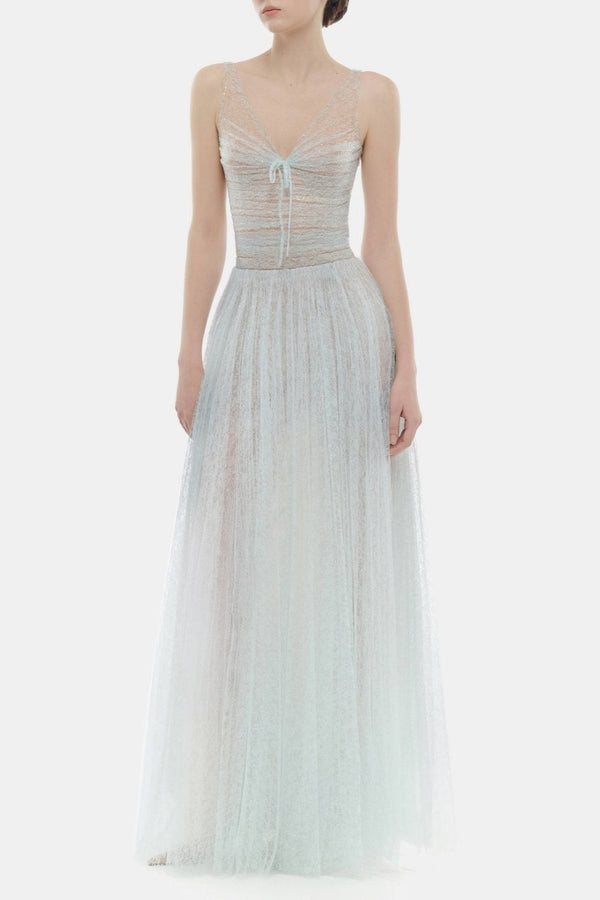 Lorya Mesh Pleated Maxi Dress - Blue