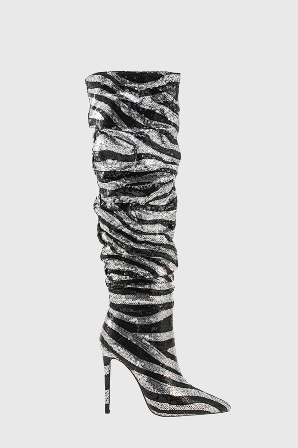 Lycan Zebra Sequin Ruched Knee High Boots
