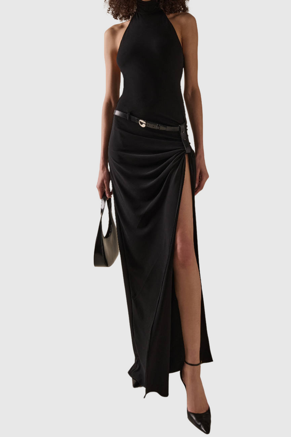 Masha Halter Ruched Belted Split Maxi Dress