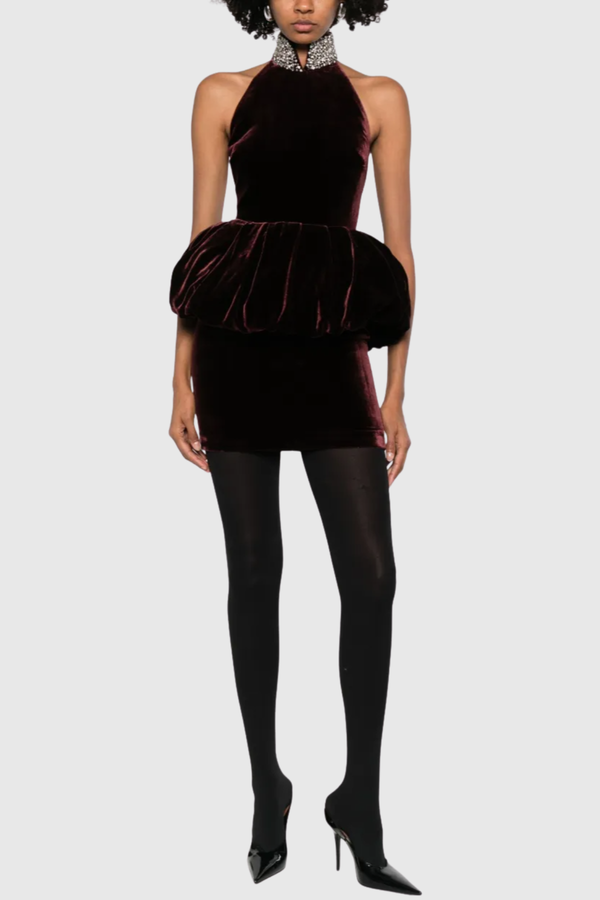 Mayuri Crystal Velvet Peplum-waist Mini Dress