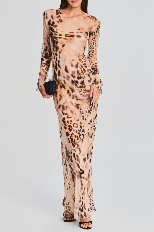 Milada Leopard Backless Silk Maxi Dress