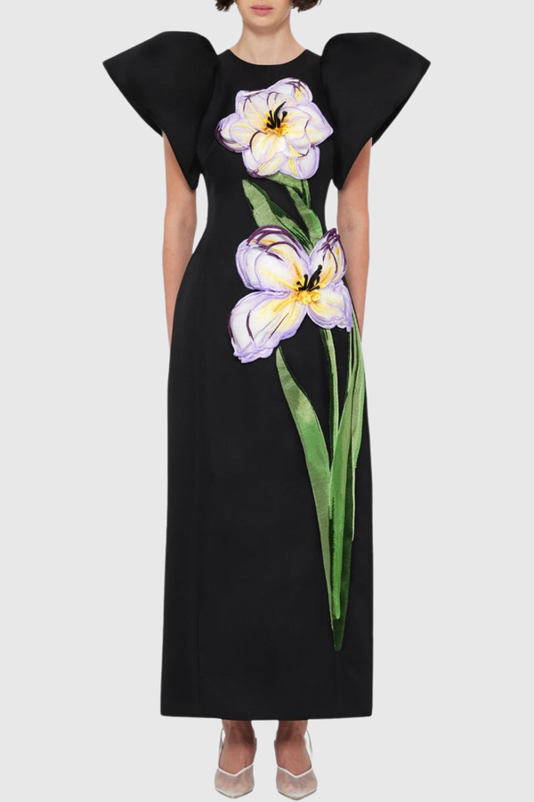 Mimoza Floral Appliqué Maxi Dress - Black