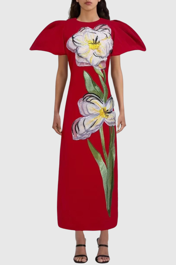 Mimoza Floral Appliqué Maxi Dress - Red