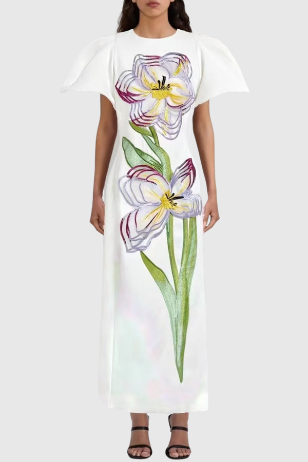 Mimoza Floral Appliqué Maxi Dress - White