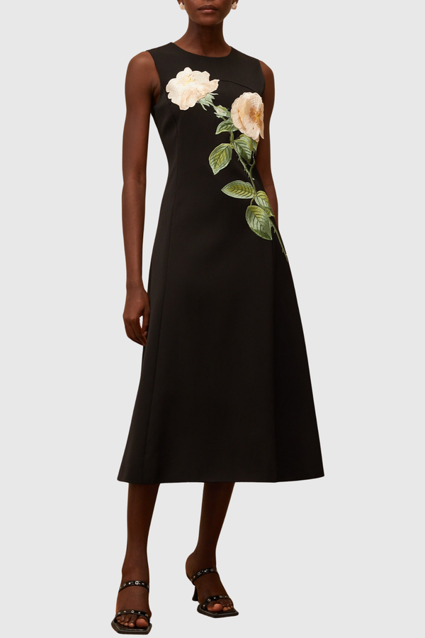 Mimoza Floral Appliqué Sleeveless Midi Dress - Black
