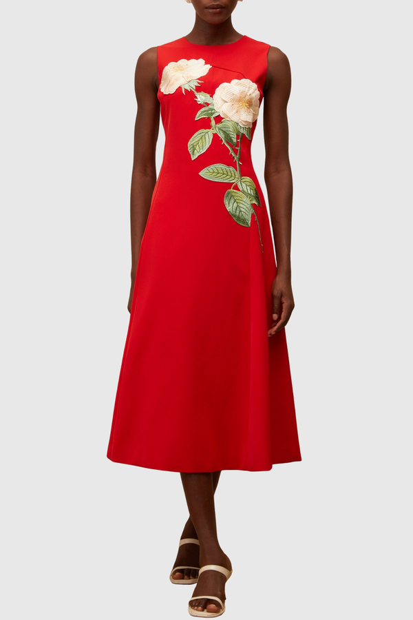 Mimoza Floral Appliqué Sleeveless Midi Dress - Red