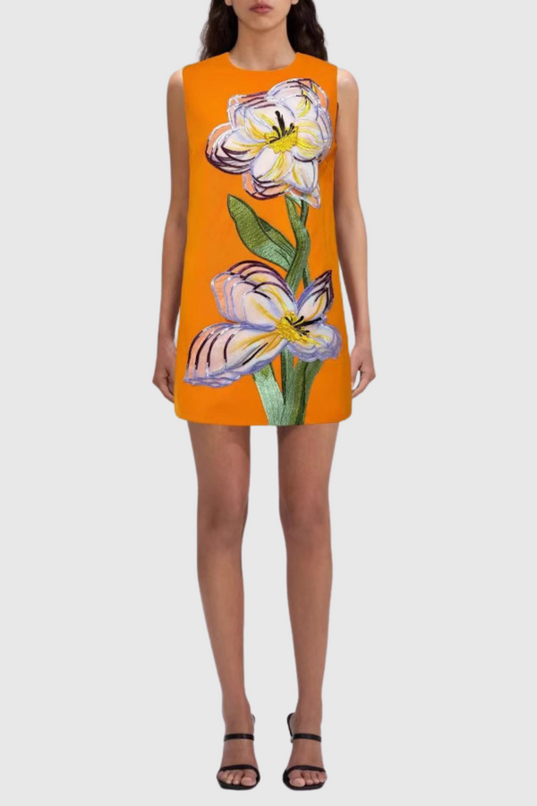 Mimoza Floral Appliqué Sleeveless Mini Dress - Orange
