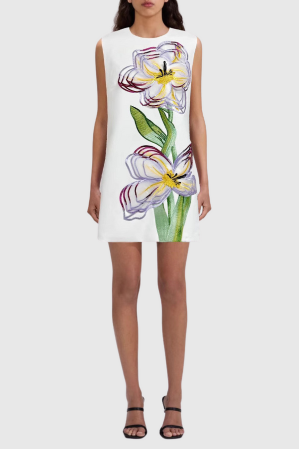 Mimoza Floral Appliqué Sleeveless Mini Dress - White