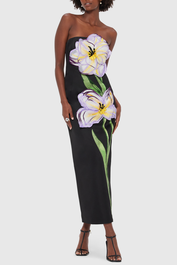 Mimoza Floral Appliqué Strapless Midi Dress - Black