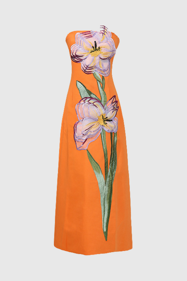 Mimoza Floral Appliqué Strapless Midi Dress - Orange