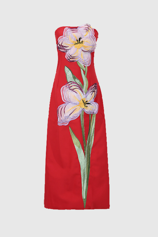 Mimoza Floral Appliqué Strapless Midi Dress - Red