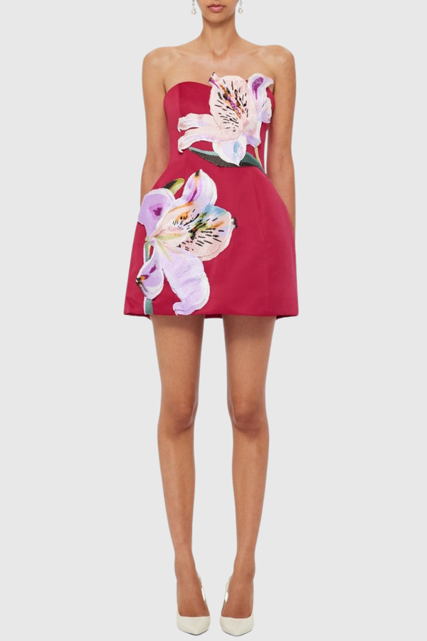 Mimoza Floral Appliqué Strapless Mini Dress - Hot Pink