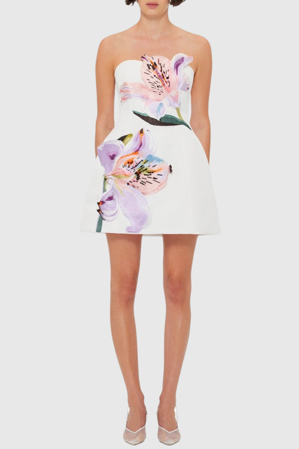 Mimoza Floral Appliqué Strapless Mini Dress - White