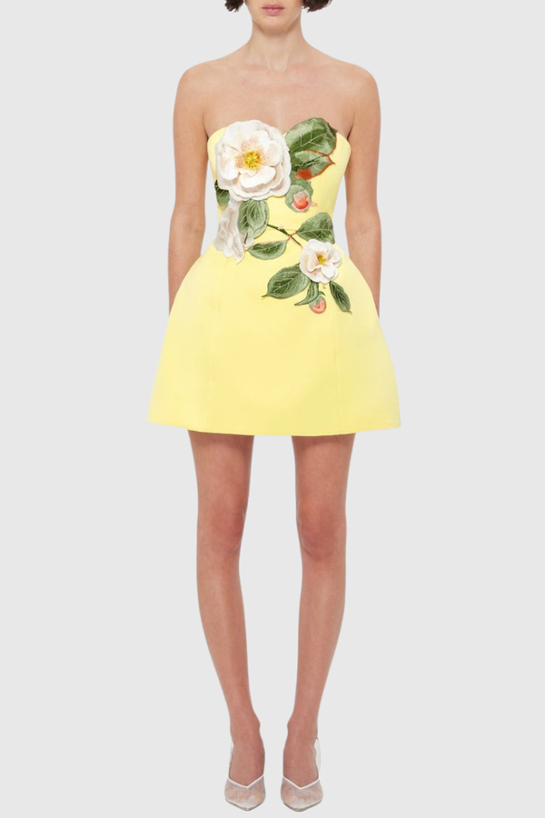 Mimoza Floral Appliqué Strapless Mini Dress - Yellow