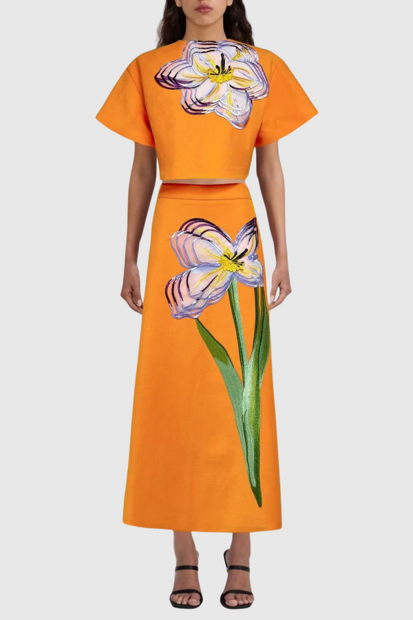 Mimoza Floral Appliqué Two Piece Set - Orange