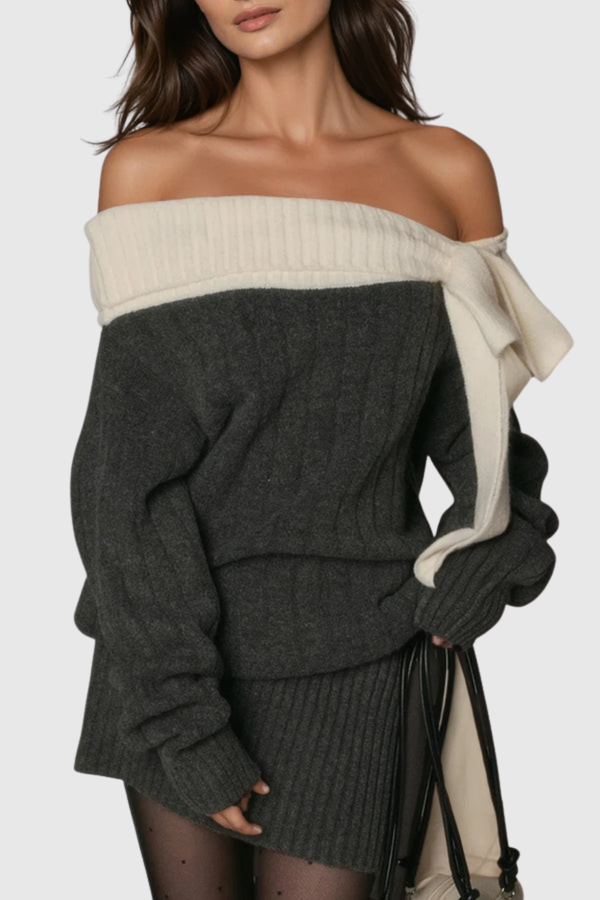 Misael Off Shoulder Bow Knit Mini Dress - Grey
