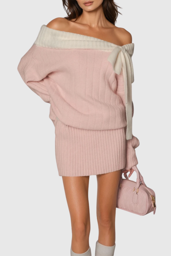 Misael Off Shoulder Bow Knit Mini Dress - Pink