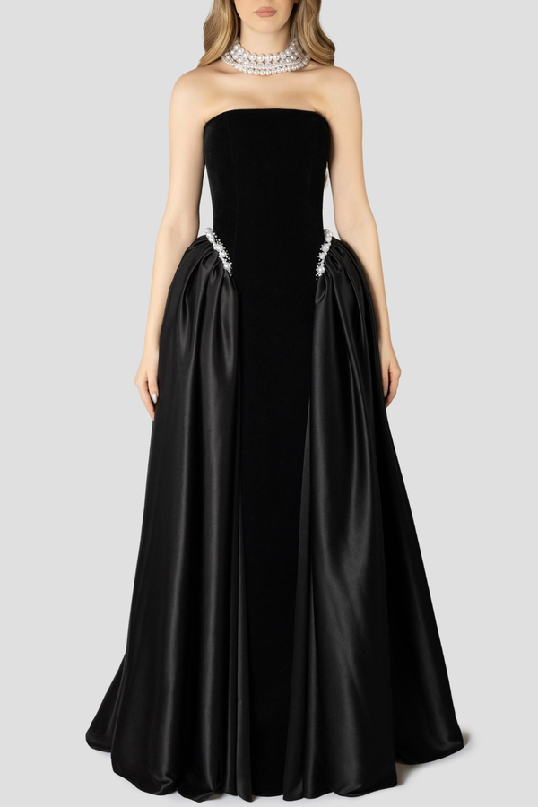 Moloka Strapless Velvet Pearl Embellished Maxi Dress - Black