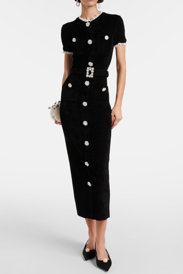Nahma Crystal Embellished Belted Knit Midi Dress