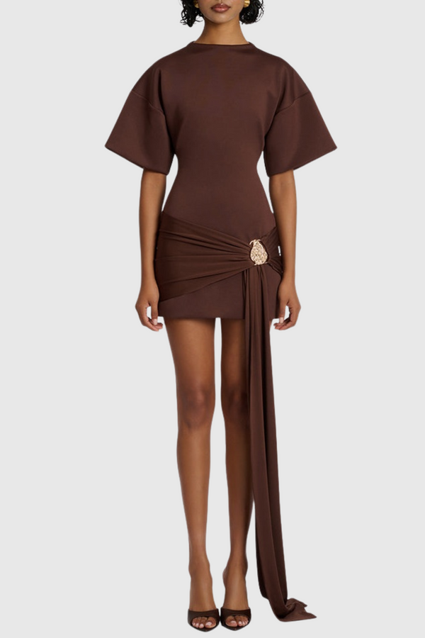 Natalja Draped Embellished Mini Dress - Brown