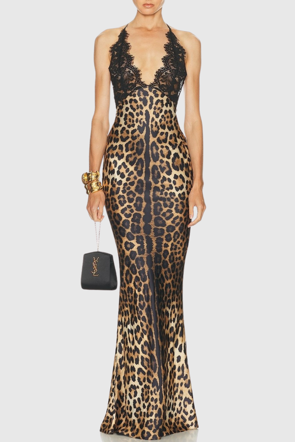Natsu Halter Lace Leopard Maxi Dress