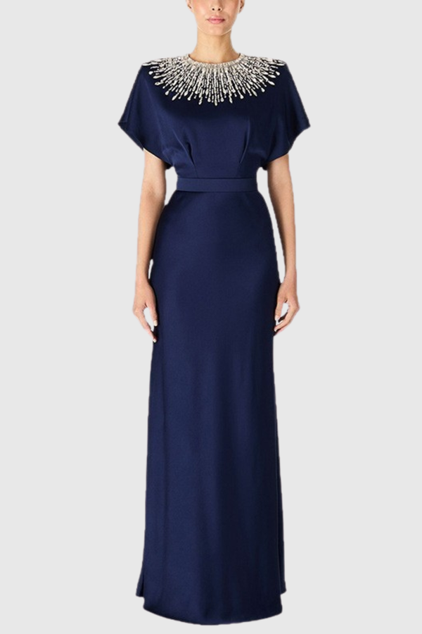 Nikola Sequin Embellished Satin Maxi Dress - Navy