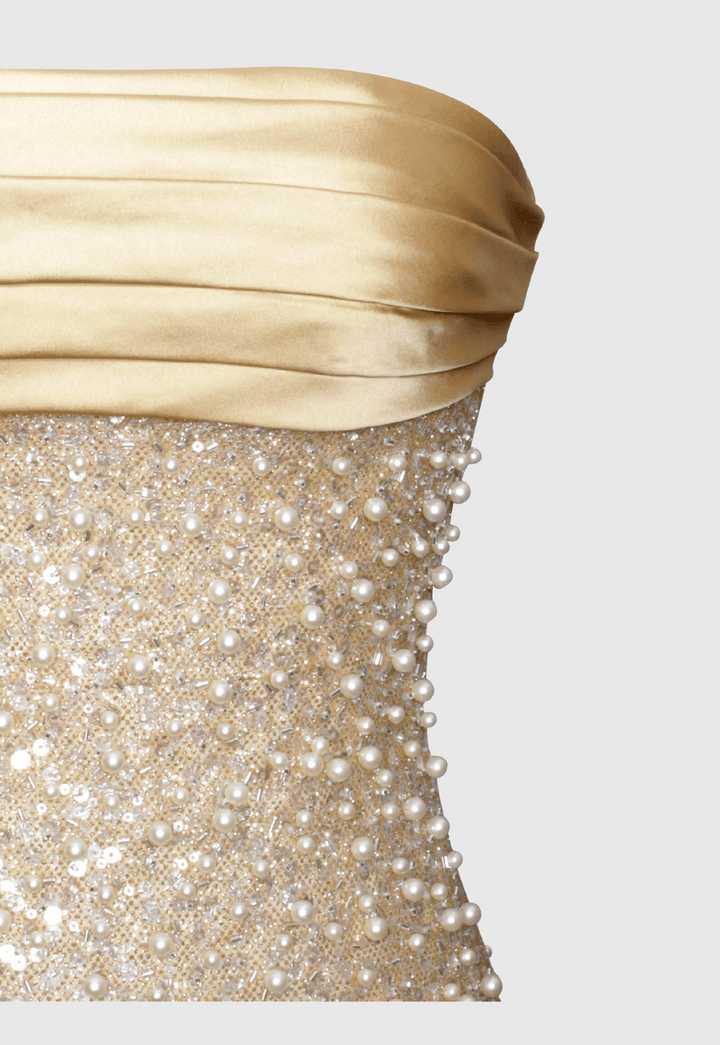 Nilsson Gold Satin Strapless Sequin Pearl Embellished Maxi Dress – SeenSense Nilsson Gold Satin Strapless Sequin Pearl Embellished Maxi Dress – SeenSense
