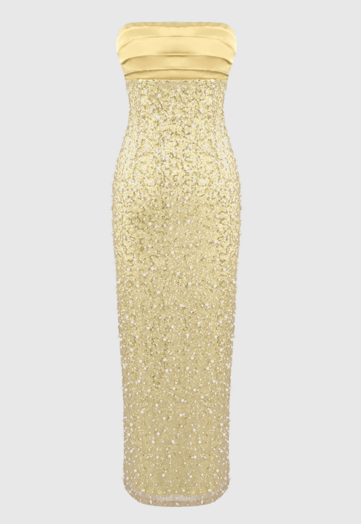 Nilsson Gold Satin Strapless Sequin Pearl Embellished Maxi Dress – SeenSense Nilsson Gold Satin Strapless Sequin Pearl Embellished Maxi Dress – SeenSense