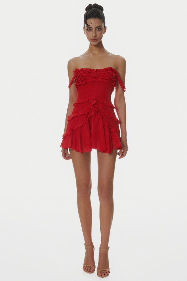 Nirva Off Shoulder Ruffle Mini Dress - Wine