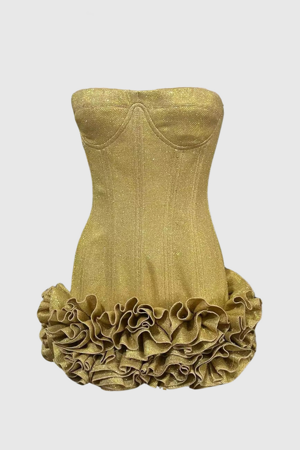 Nuala Glitter Strapless Floral Mini Dress - Gold