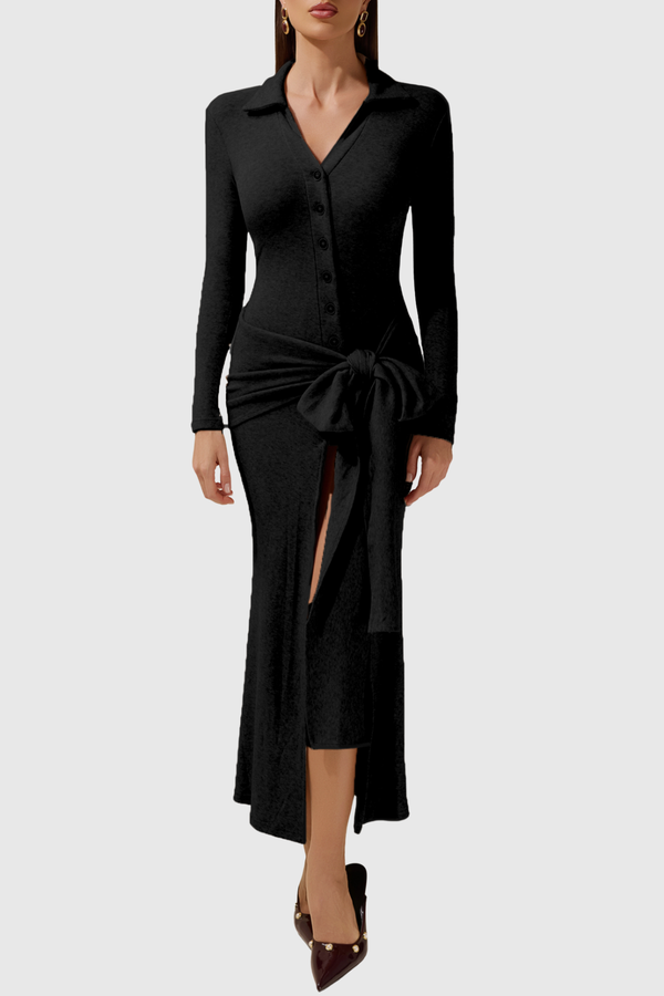 Omara Bow Tie-waist Knit Midi Dress - Black