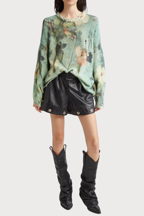 Omria Floral Print Distressed Sweater - Green