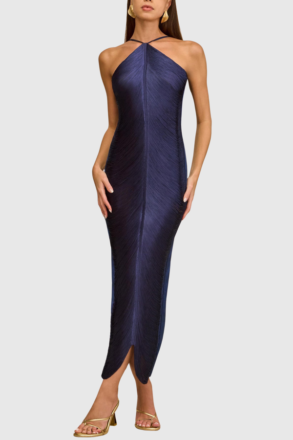Oriana Halter Fringe Maxi Bandage Dress - Blue
