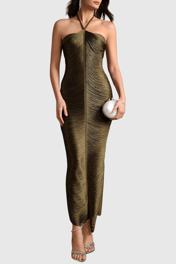 Oriana Halter Fringe Maxi Bandage Dress - Green
