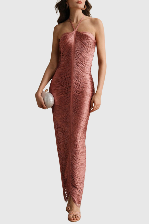 Oriana Halter Fringe Maxi Bandage Dress - Pink