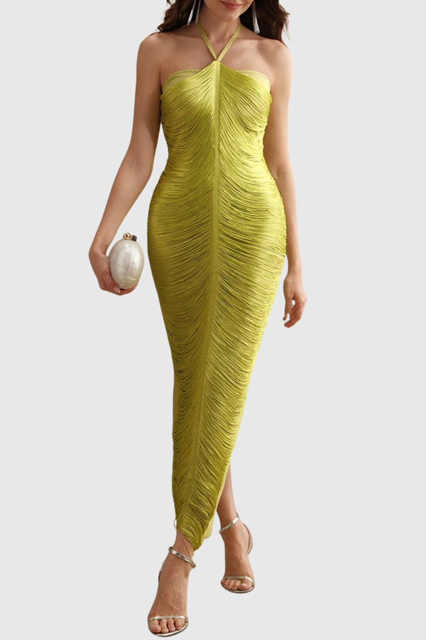 Oriana Halter Fringe Maxi Bandage Dress - Yellow