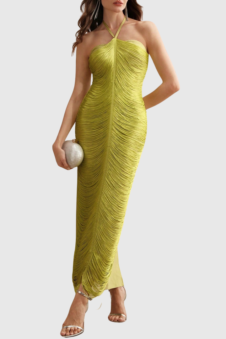 Oriana Halter Fringe Maxi Bandage Dress